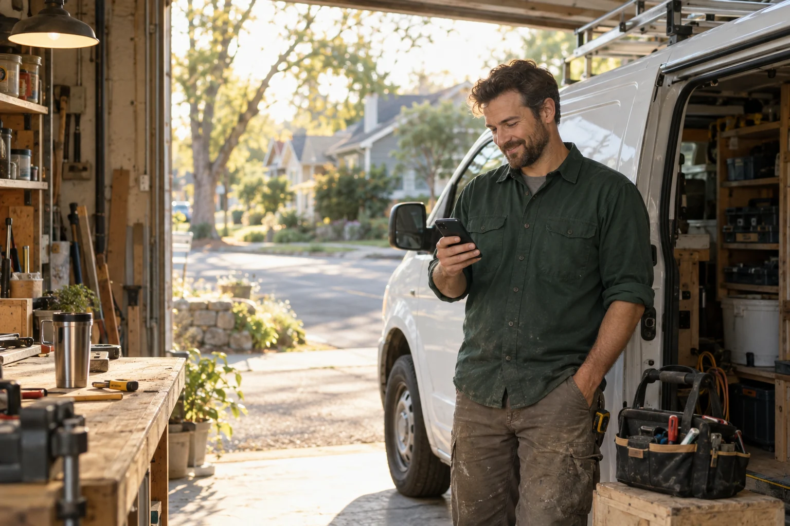 Illustration of a local service owner checking a phone beside a van and workshop
